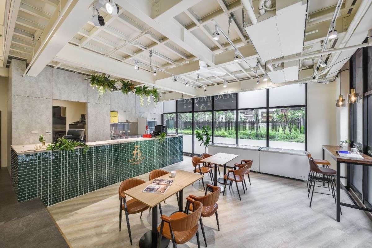 綠色漢堡店 商空設計風格示意|植物系與工業風的融合